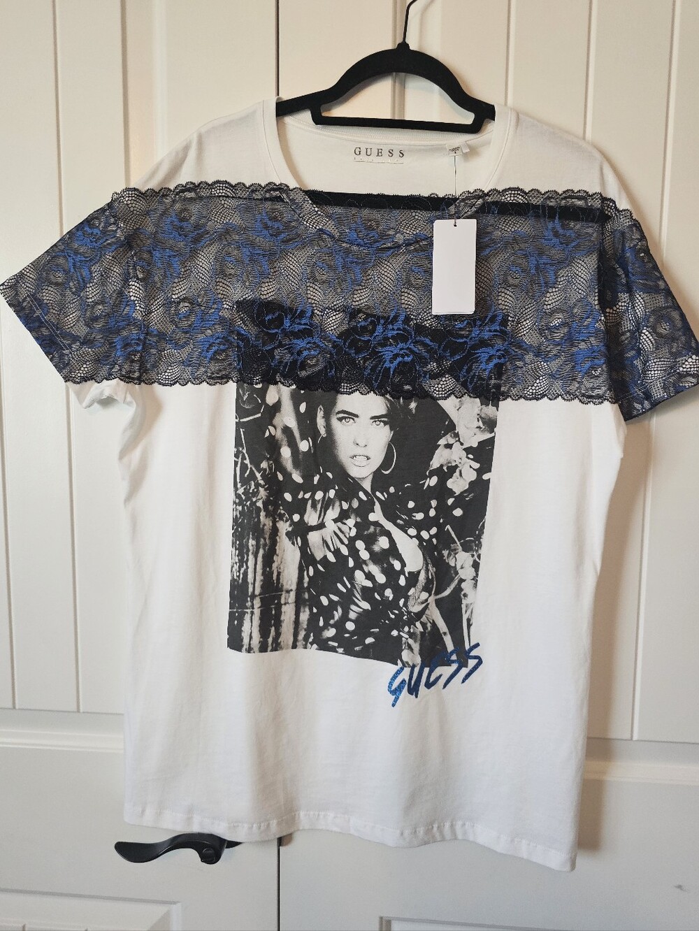 GUESS White Tee with Black Lace and Blue Floral Embroidery
